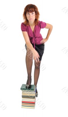 The women has stepped on books