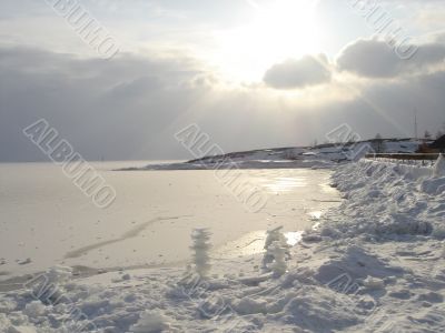 Frozen sea landscape with ice sculptures in Finland