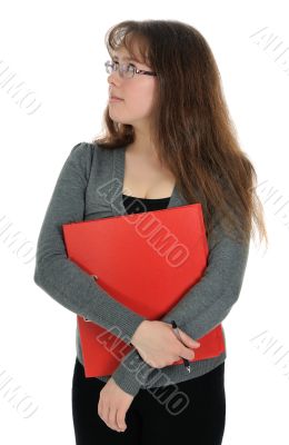 The woman carrying red folder