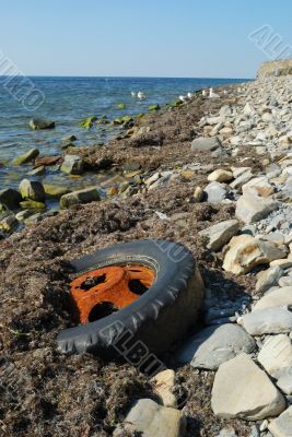 Old wheel on seacoast