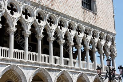 Colonnade of a palace of Doges on Sacred Mark`s area. Venice.