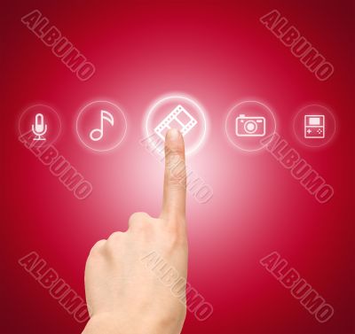 Hand choosing slide film symbol from media icons