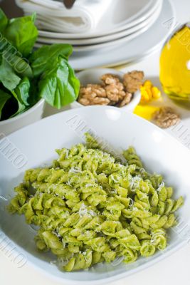 italian fusilli pasta and pesto