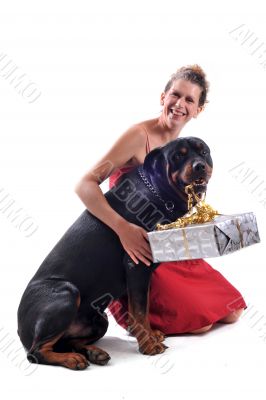 rottweiler, gift and woman