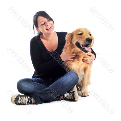 golden retriever and woman