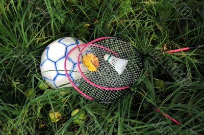 Badminton Rackets and Bird on the Ball