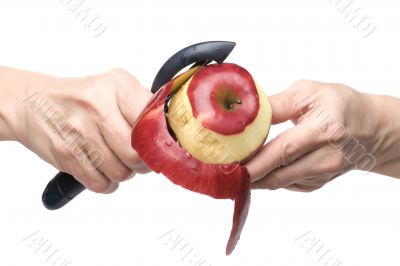 apple on hand on white background