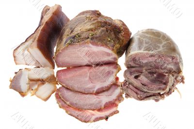 Cutting smoked sausage and pork gammon