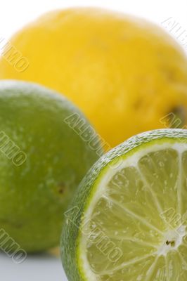 Lime and lemon on white macro