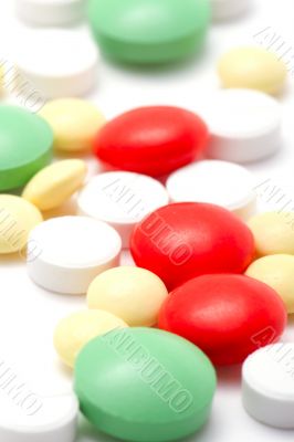 pharmacy tablets on white background macro