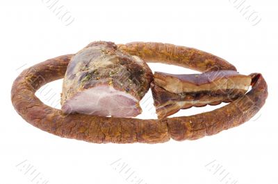 Smoked sausage and pork gammon on white