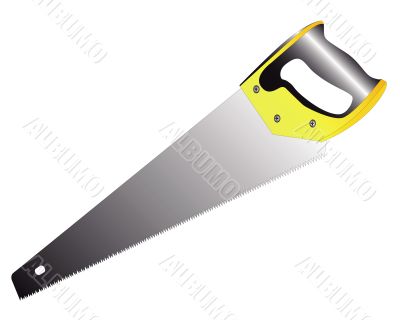 hacksaw on wood with a yellow-black handle