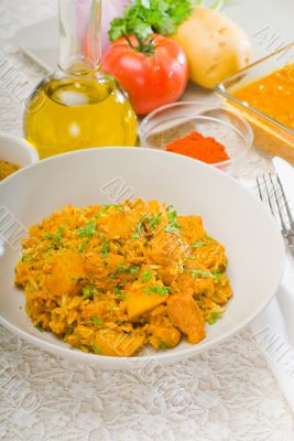 curry beef rice and potatoes