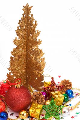 Red Christmas baubles with a golden tree