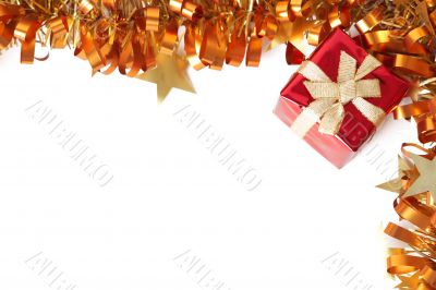 Red Christmas gift with tinsel frame