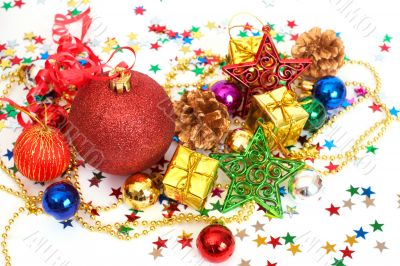 Red Christmas baubles and other decorations