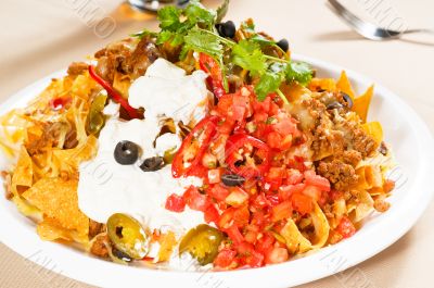 fresh nachos and vegetable salad with meat