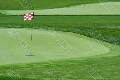 Glof flag on a green with fairway