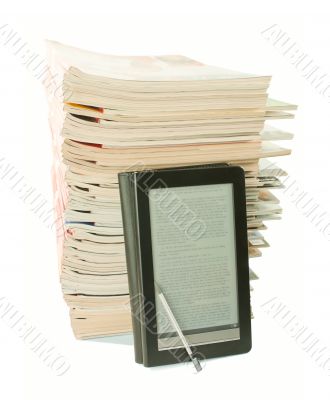 Ebook with a stack of old newspapers behind