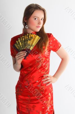 the girl in a red Chinese dress