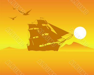 sailing ship  on  an orange background