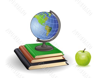 Globe books and green apple 