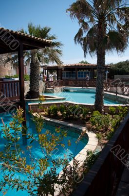 Palm trees and bungalows