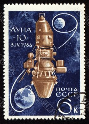 Postage stamp with soviet spaceship Luna-10