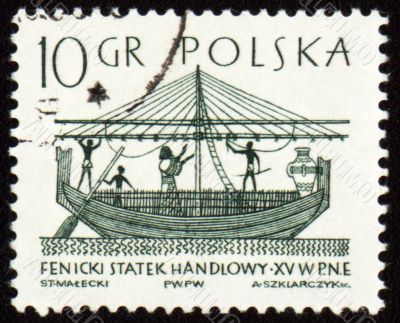 Phoenician merchant ship on post stamp