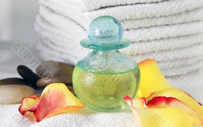 Blue bottle with massage oil