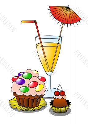 cocktail with umbrella and fruit cake