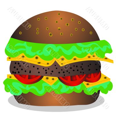 The Hamburger with cheese, tomato and salad