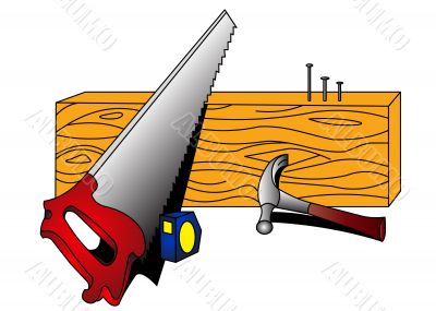  nail, tree, straightedge on white background . 