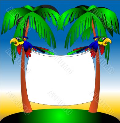 two parrots on background of the palm