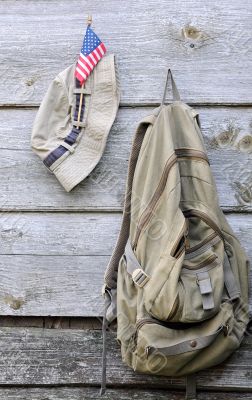 Khaki Hat, Backpack and US Flag