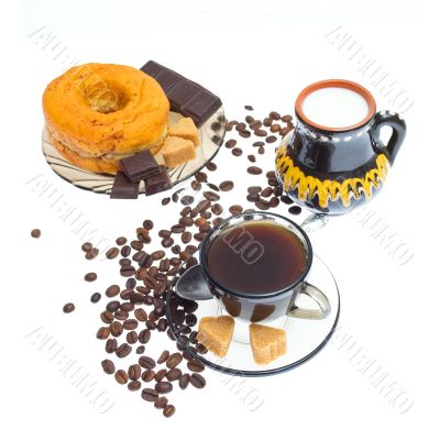 Italian espresso donut, brown sugar  and coffee beans on white b