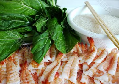 Rice, Pak Choi Cole and Prawns Ready for Cooking 