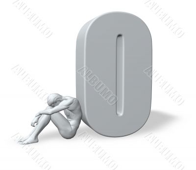 sitting man leans on uppercase letter o