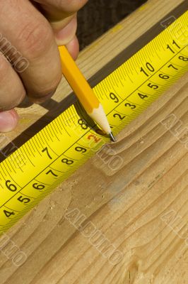 Worker Measuring Wood