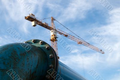 Blue pipelines at construction site