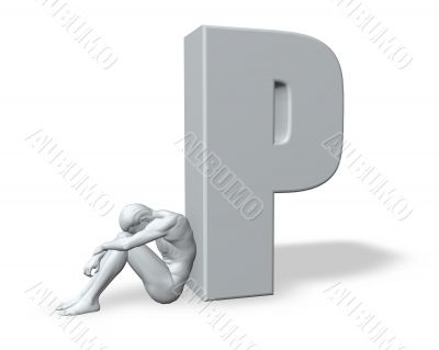 sitting man leans on uppercase letter p