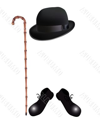 bamboo cane, bowler hat and boots