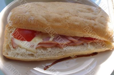 Ciabatta bread sandwich with meat and cheese