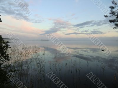 Sunrise over lake on the river Keret in Karelia