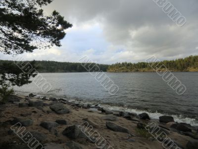 Beach with stones on Ladoga lake