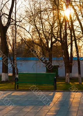 Bench in the russian monastery in the evening