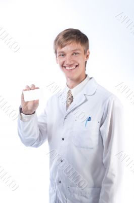 The doctor with the card in a hand