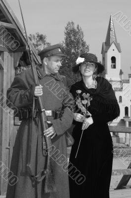 Retro style picture with woman and soldier