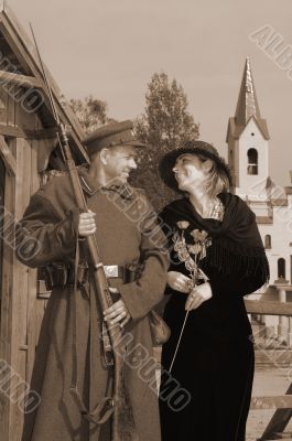 Retro style picture with woman and soldier