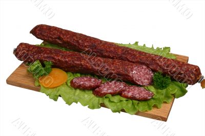 Smoked sausage on wooden board 2
